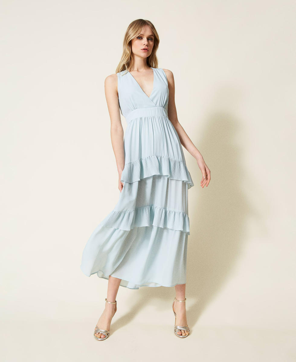 Abito lungo in georgette con balze Light Blue Donna 999TN211A_10687_01