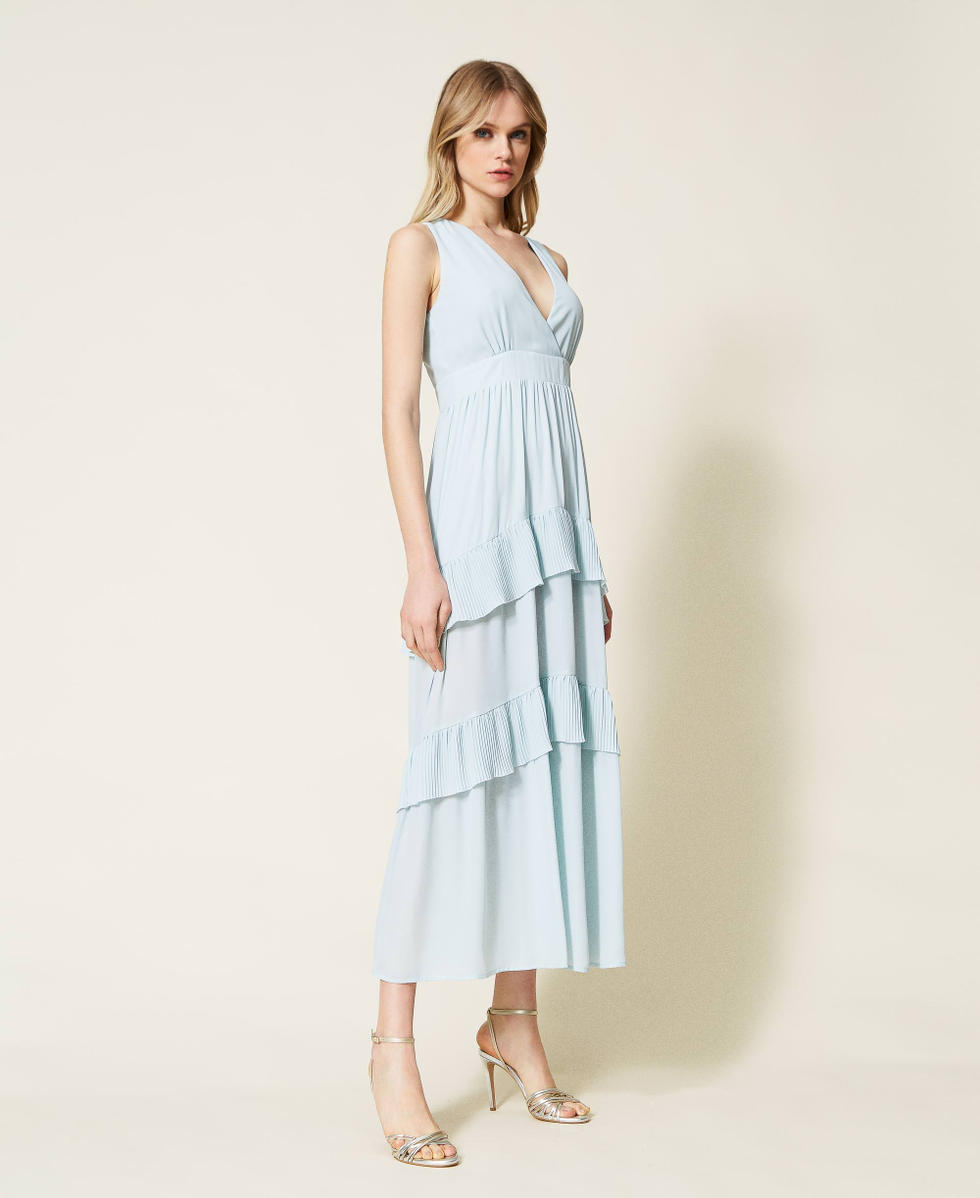 Abito lungo in georgette con balze Light Blue Donna 999TN211A_10687_02