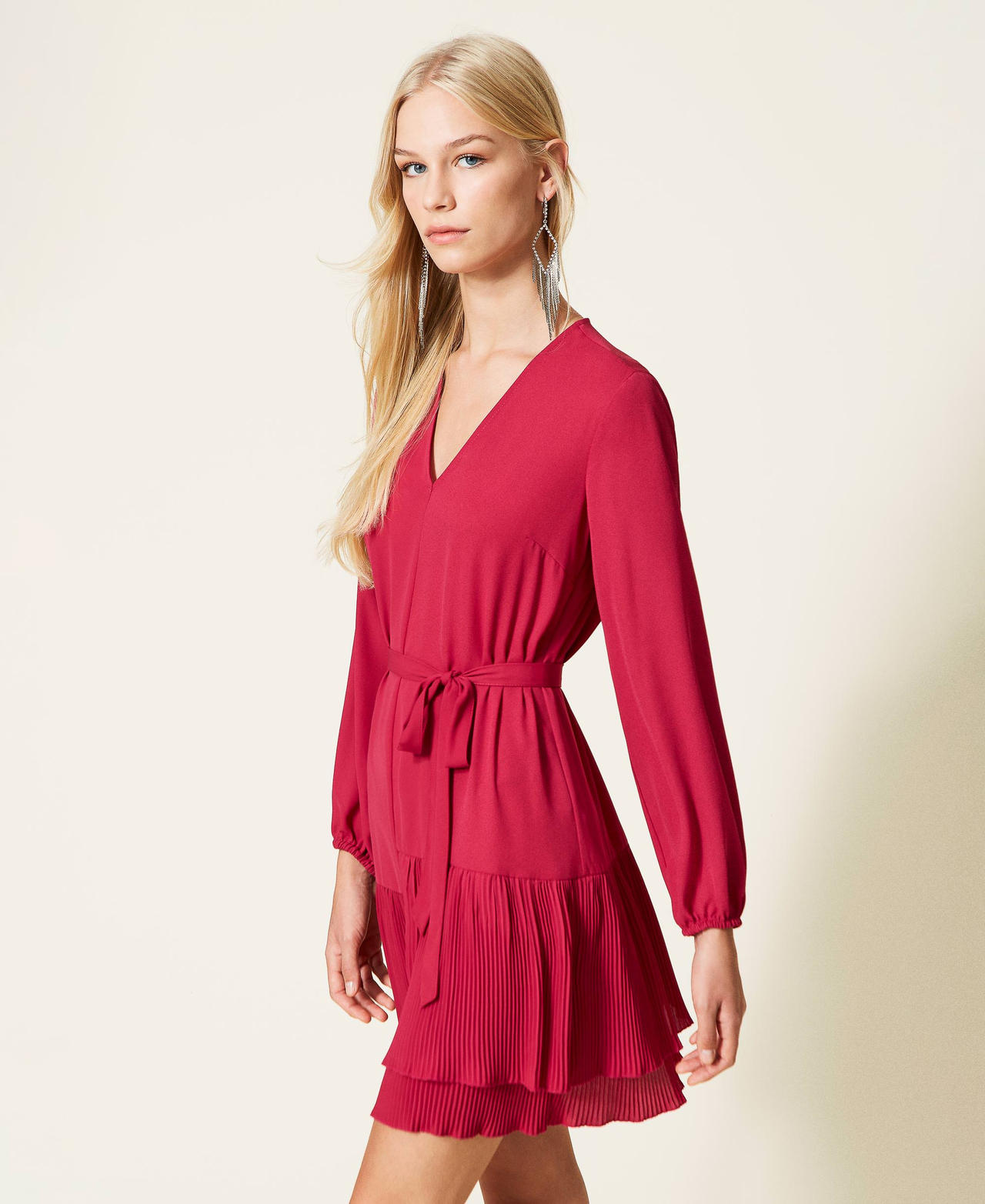 Short georgette dress with flounces "Cerise" Fuchsia Woman 999TN211B_00717_02