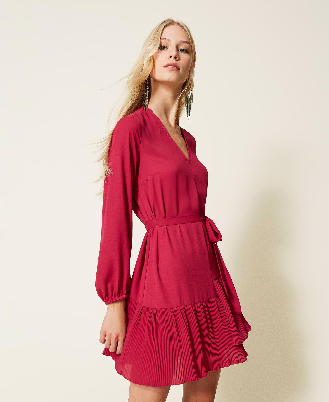 Short georgette dress with flounces "Cerise" Fuchsia Woman 999TN211B_00717_03