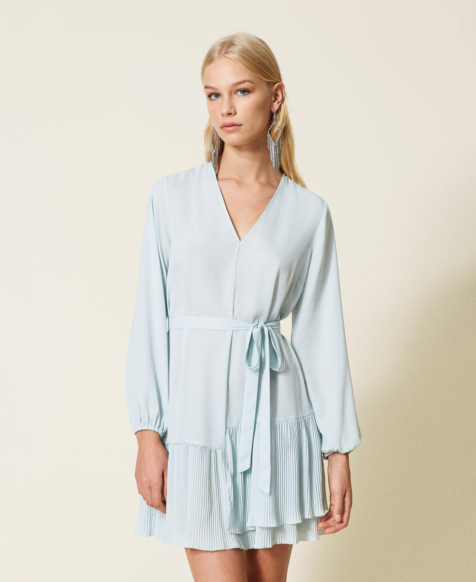 Robe courte en cr&ecirc;pe georgette avec volants Bleu Clair Femme 999TN211B_10687_01