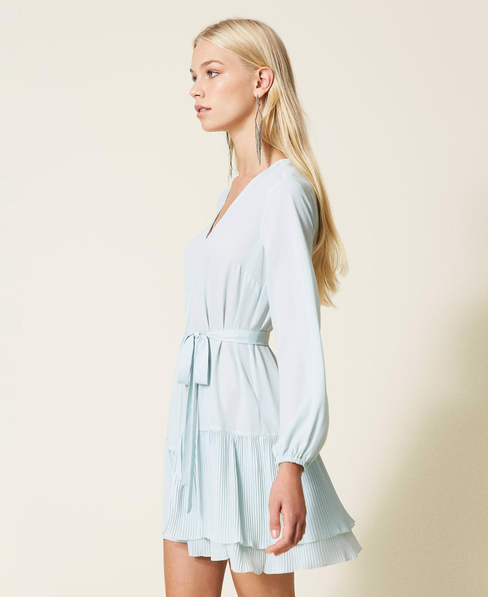Robe courte en cr&ecirc;pe georgette avec volants Bleu Clair Femme 999TN211B_10687_02