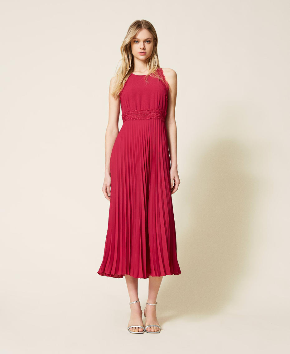 Long pleated dress with lace "Cerise" Fuchsia Woman 999TN2120_00717_01