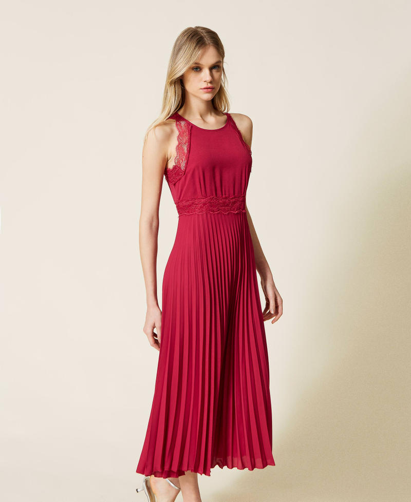 Long pleated dress with lace "Cerise" Fuchsia Woman 999TN2120_00717_02
