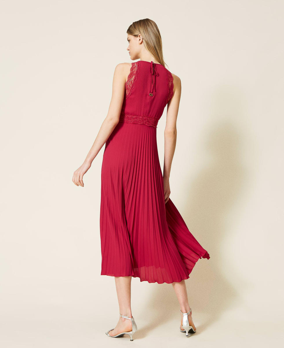 Long pleated dress with lace Woman, Fuchsia | TWINSET Milano