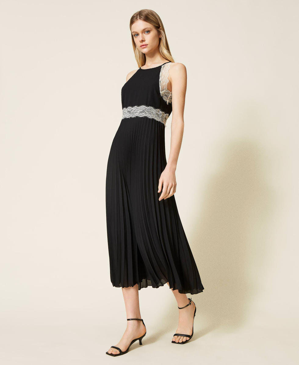 Maxi-Plisseekleid mit Spitze Zweifarbig Schwarz / Ecru Frau 999TN2120_05979_02