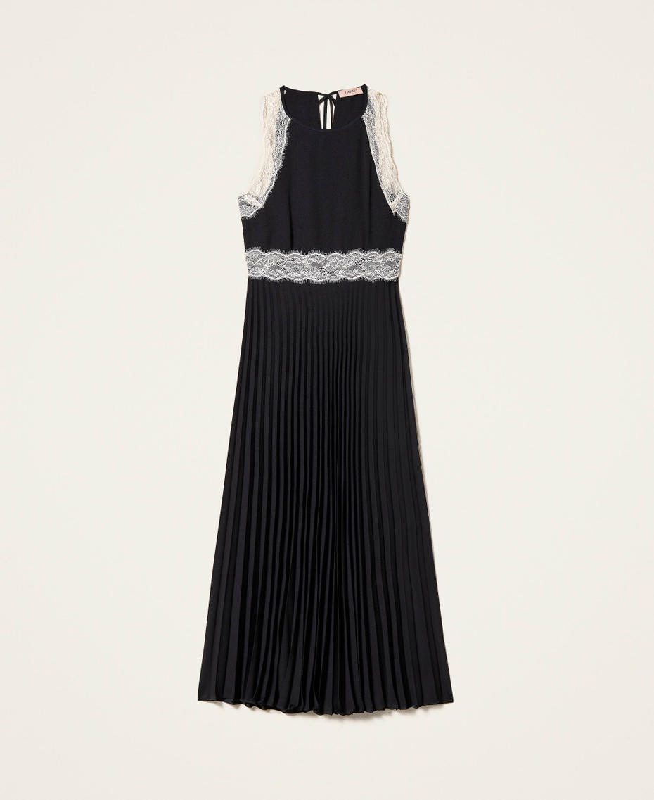 Maxi-Plisseekleid mit Spitze Zweifarbig Schwarz / Ecru Frau 999TN2120-0S
