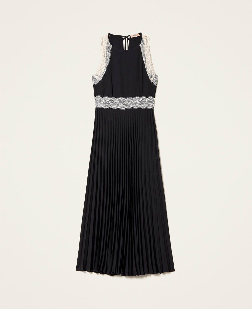 Maxi-Plisseekleid mit Spitze Zweifarbig Schwarz / Ecru Frau 999TN2120_05979_S0