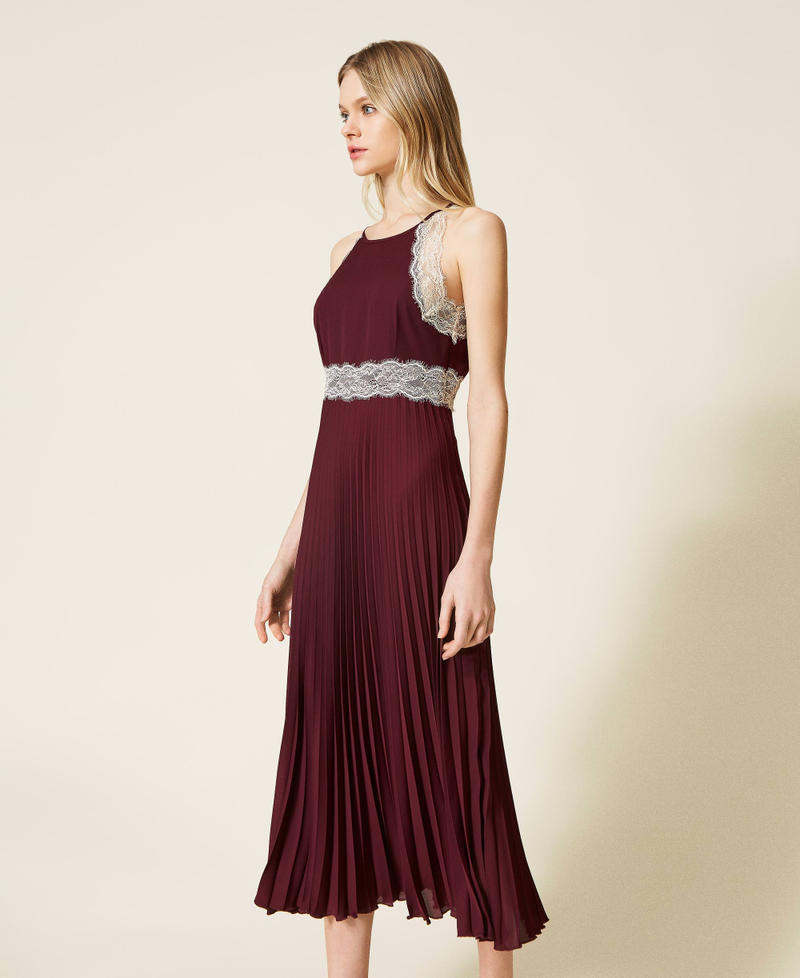 Long pleated dress with lace Two-tone Black / Ecru Woman 999TN2120-02