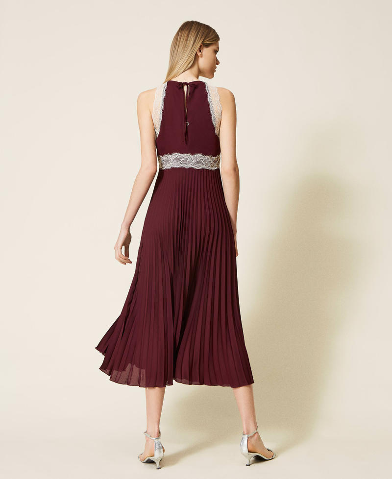 Long pleated dress with lace Two tone Grape/Ecru Woman 999TN2120_10688_03