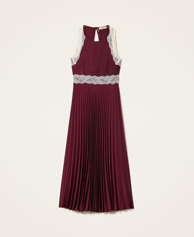 Long pleated dress with lace Two tone Grape/Ecru Woman 999TN2120_10688_S0