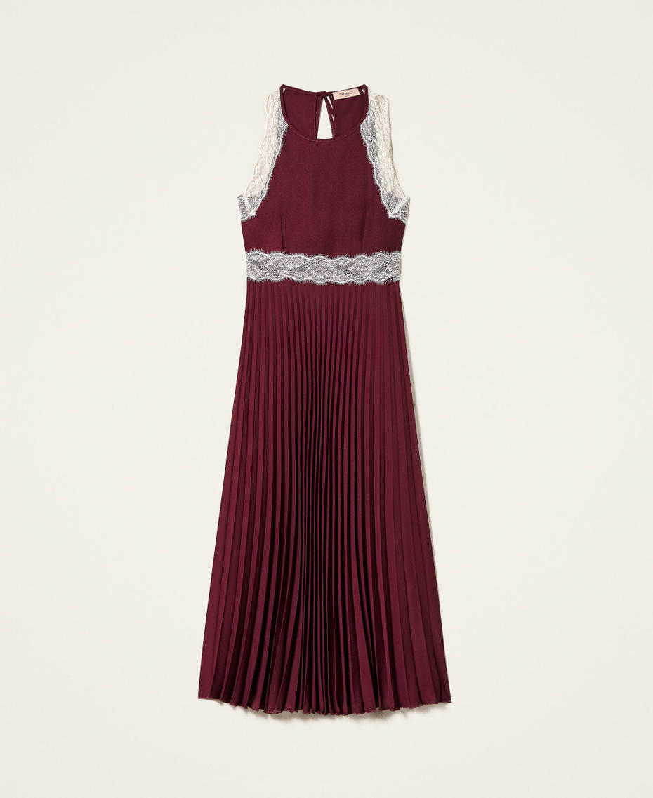 Long pleated dress with lace Two tone Grape/Ecru Woman 999TN2120_10688_S0