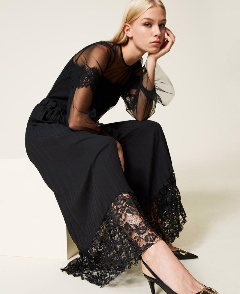 Pleated palazzo trousers with lace Black Woman 999TN2121-01