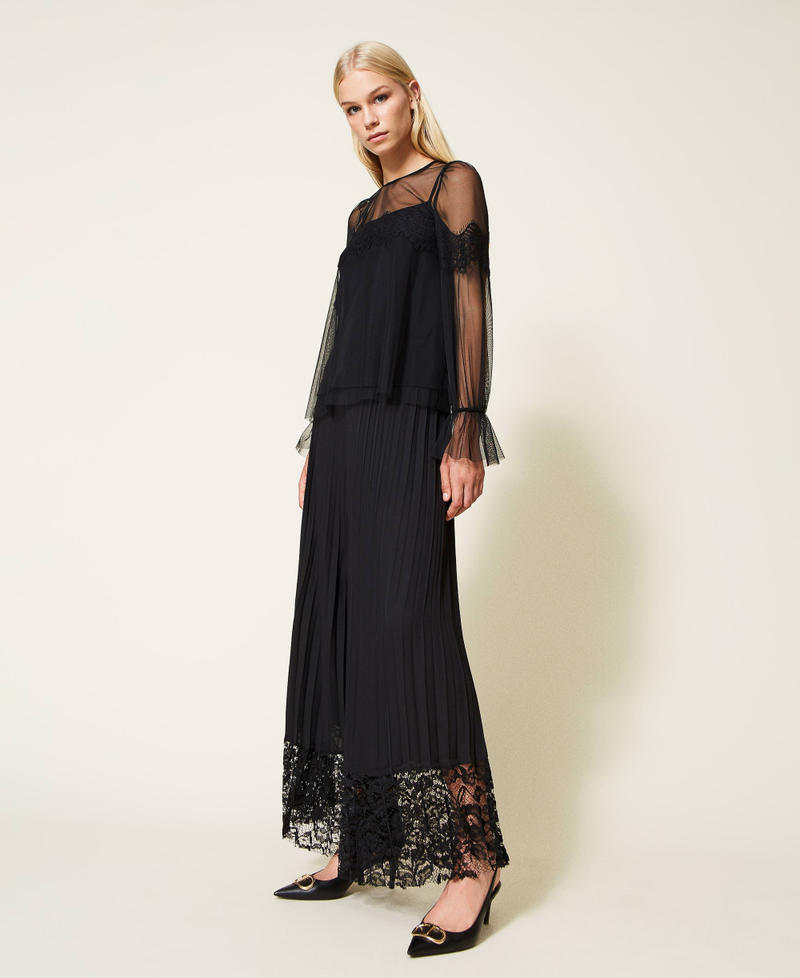 Pleated palazzo trousers with lace Black Woman 999TN2121-03
