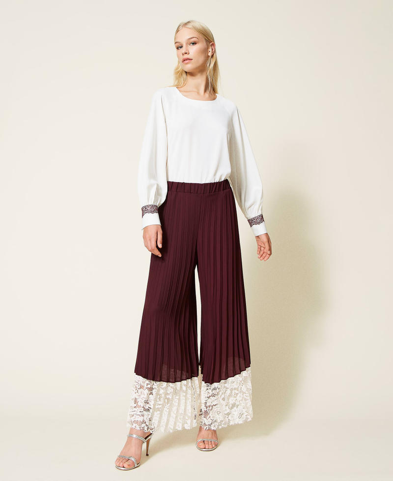 Pleated palazzo trousers with lace Two tone Grape/Ecru Woman 999TN2121_10688_02