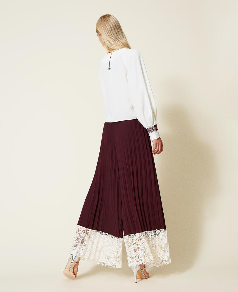 Pleated palazzo trousers with lace Two tone Grape/Ecru Woman 999TN2121_10688_05