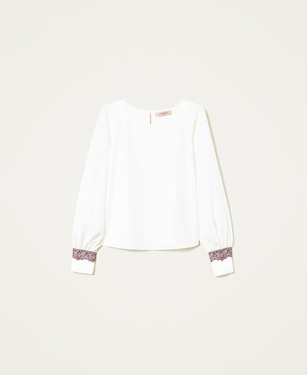 Cr&ecirc;pe blouse with lace Two tone Snow/Grape Woman 999TN212B_10689_S0