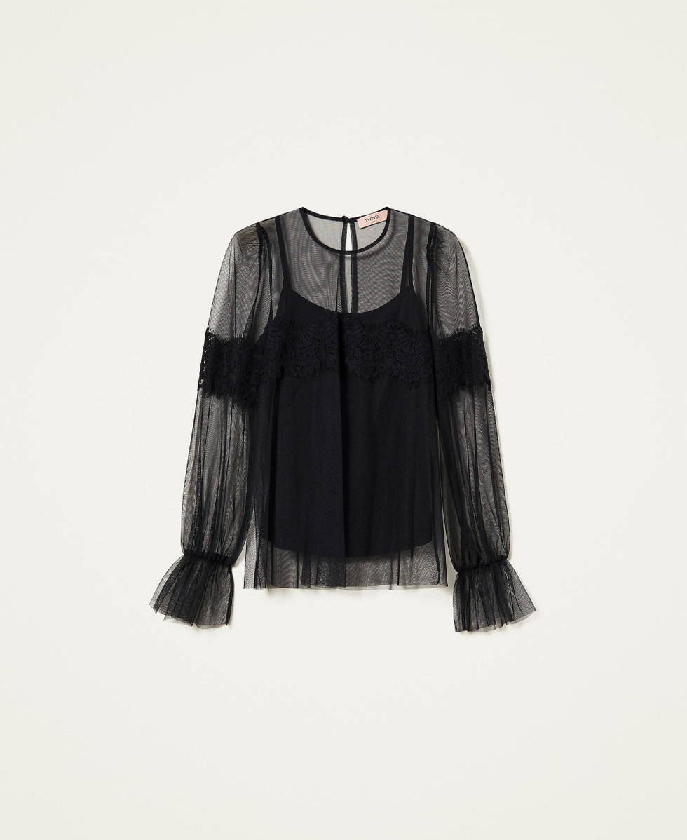 Blusa de tul con encaje Mujer Negro TWINSET Milano