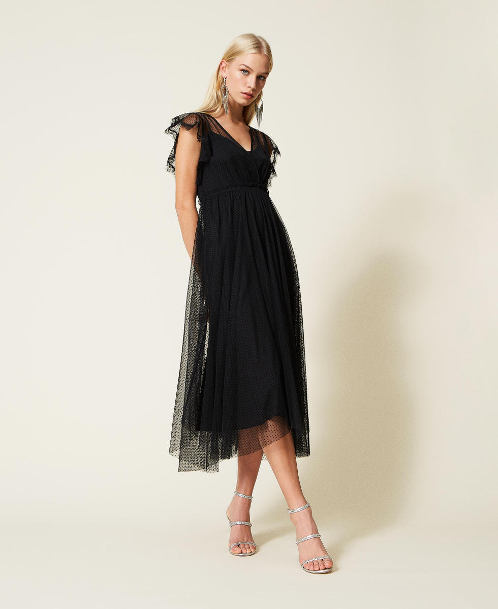 Full length plumetis tulle dress Woman Black TWINSET Milano