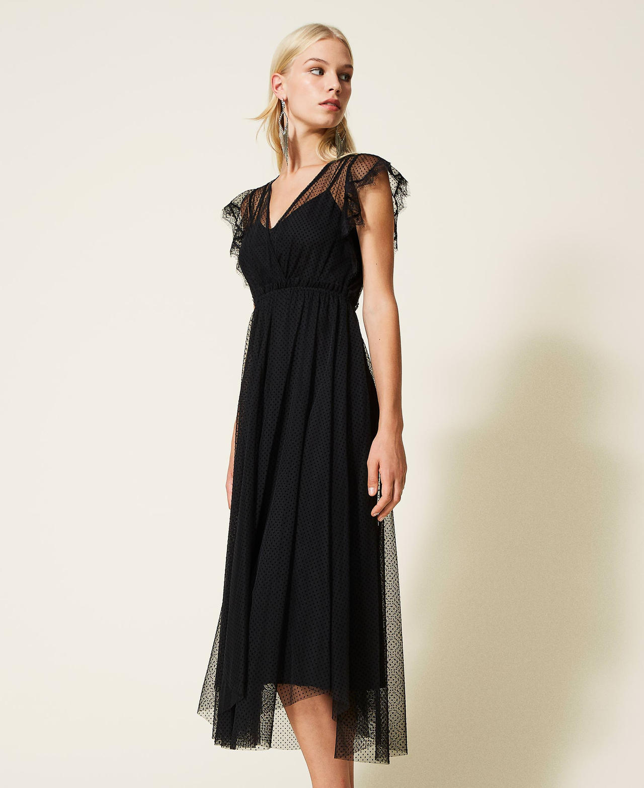 Full-length plumetis tulle dress Black Woman 999TN2130-02