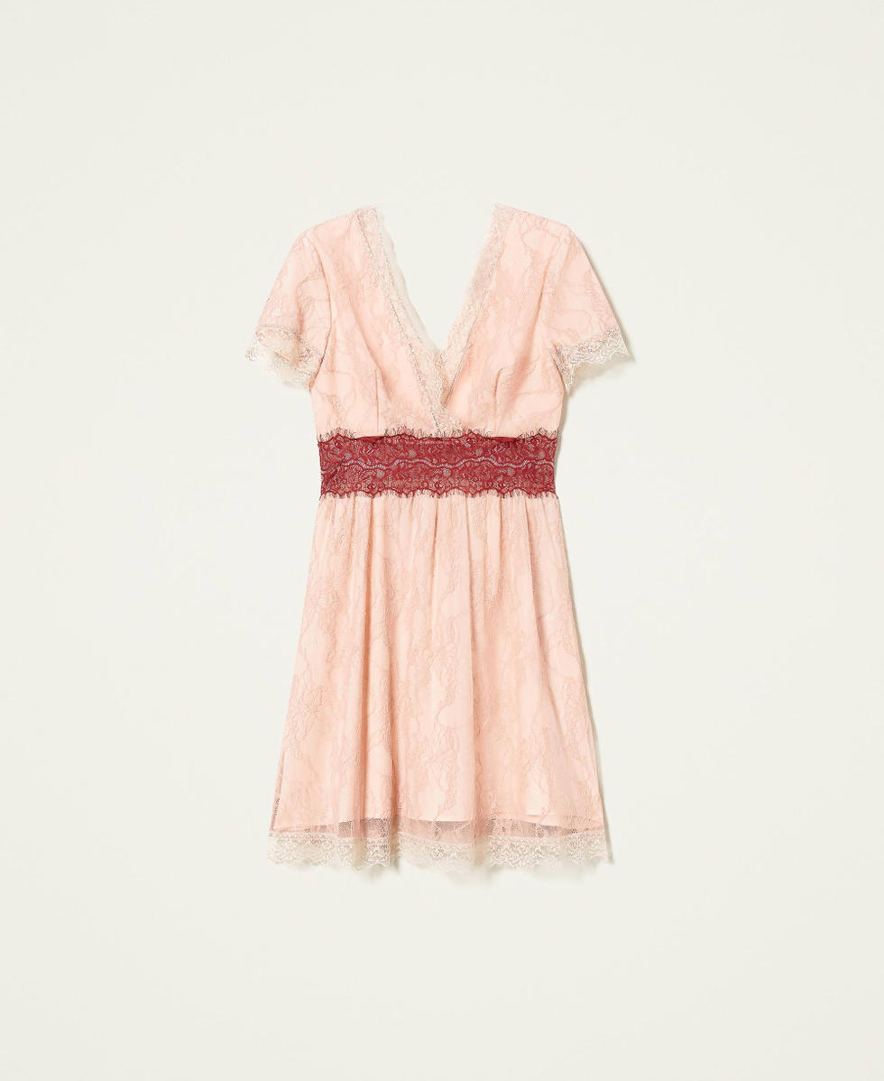 Kurzes Kleid aus Valenciennesspitze Zweifarbig Puderrosa/ Grape Frau 999TN213C_10692_S0