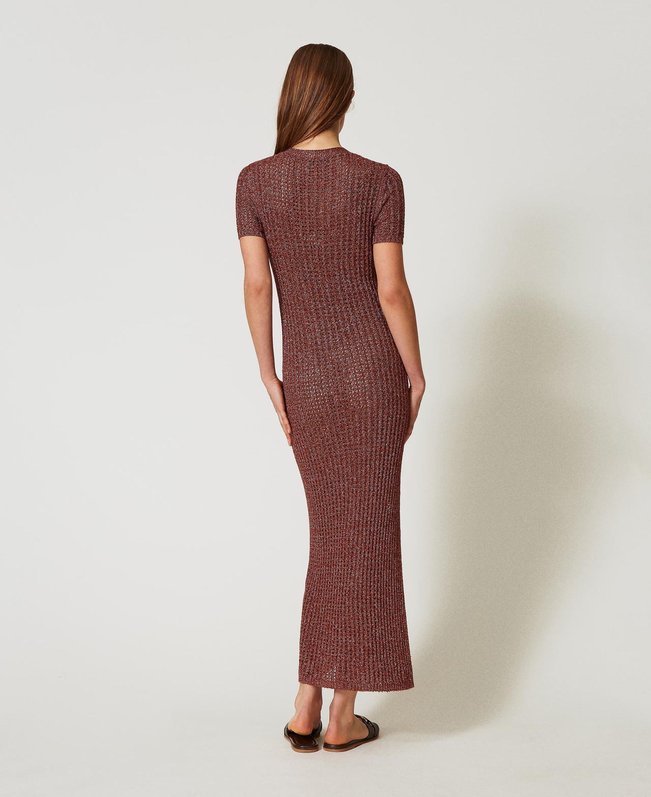 Long cardigan-dress in a lurex knit Amber Brown Lurex Woman 251TT3190_12450_03