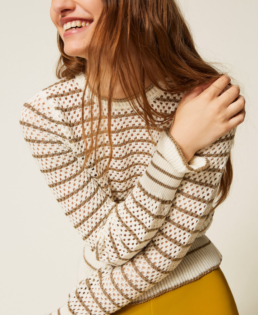 Fishnet jumper with lurex stripes Snow White/Golden Green Lurex Woman 252TP3532_12804_PD