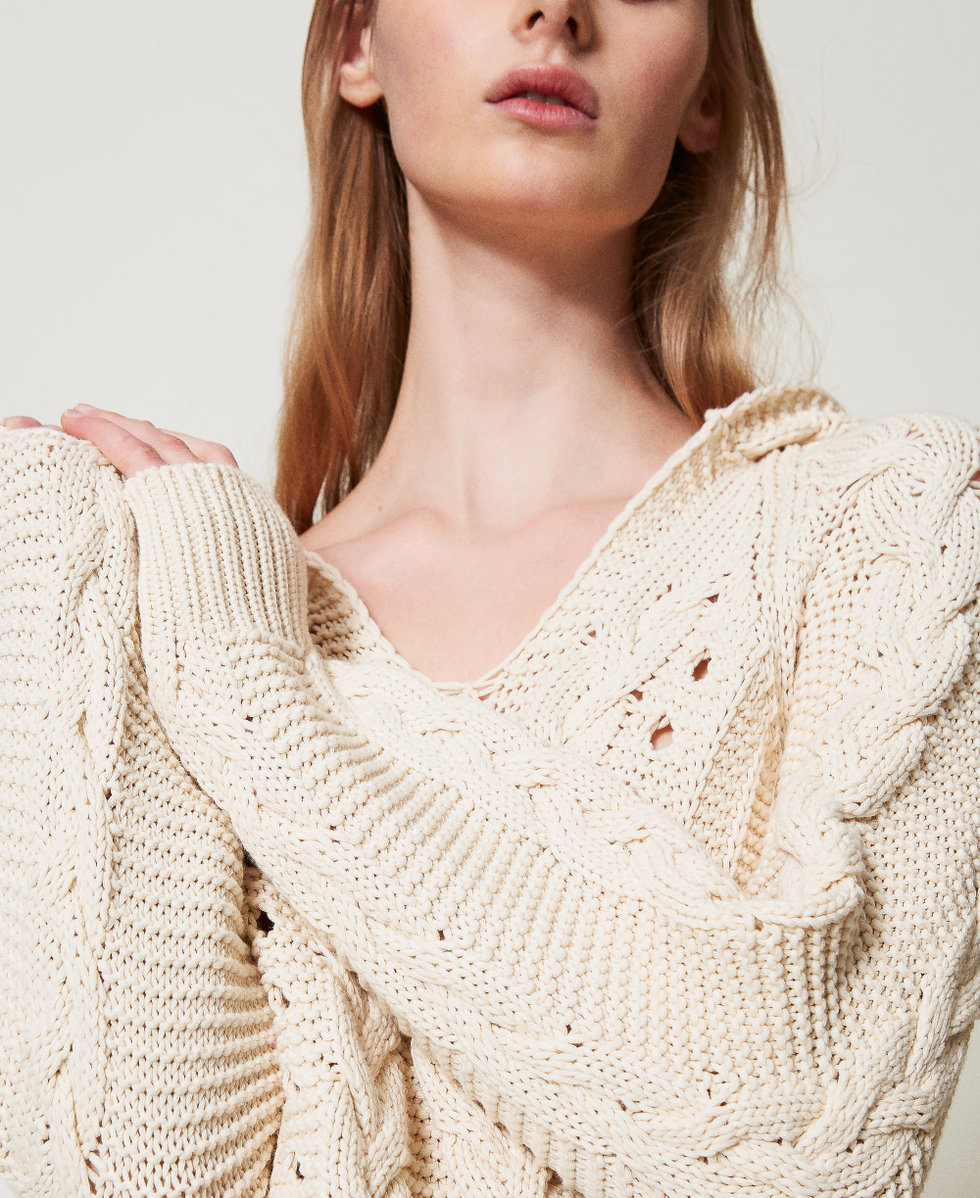 Cable knit hooded jumper Delicate Beige Woman 251TP3460_12140_04