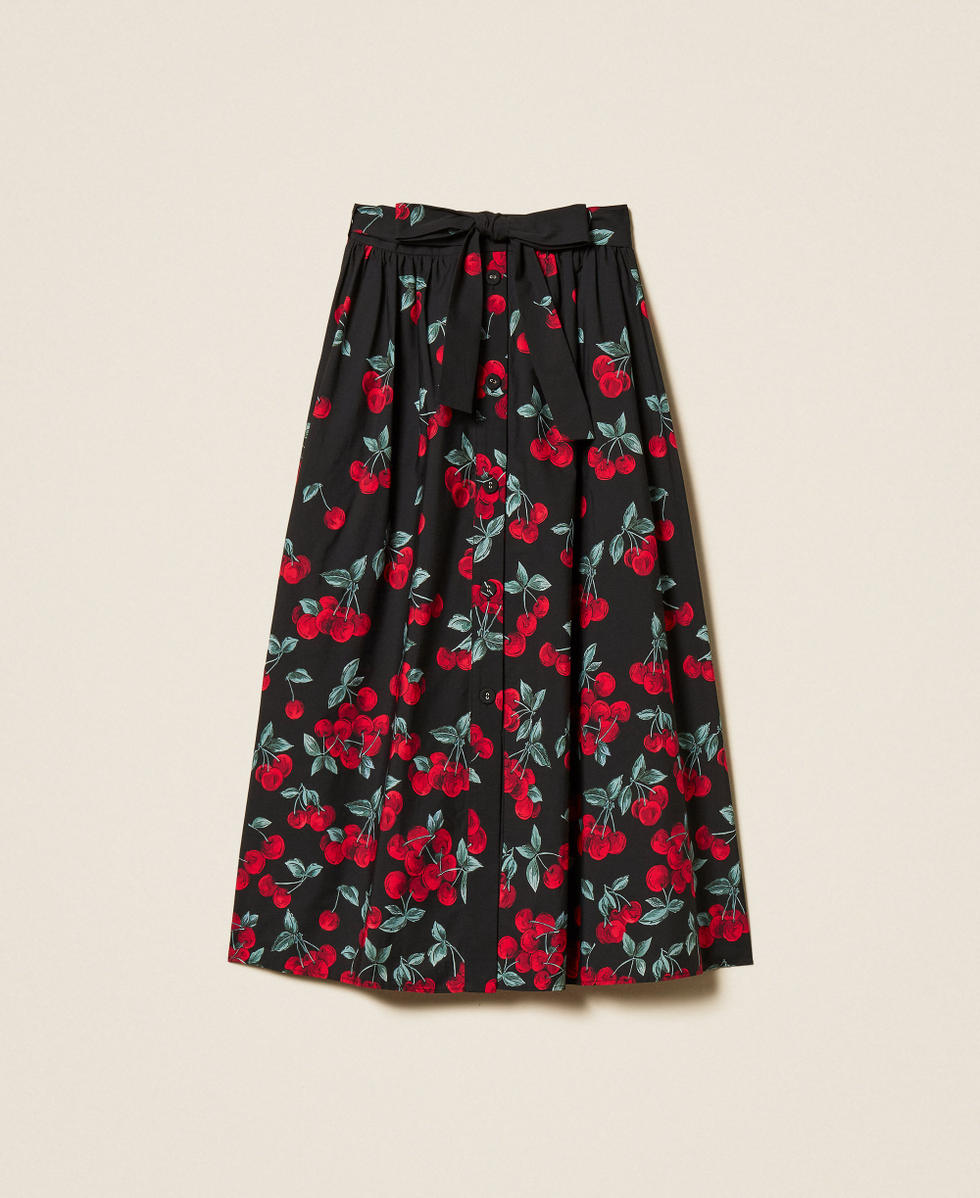 Jupe longue en popeline avec imprim&eacute; cerises Cherries D&eacute;grad&eacute; Noir/Rouge Femme 261TT2594_13502_S0