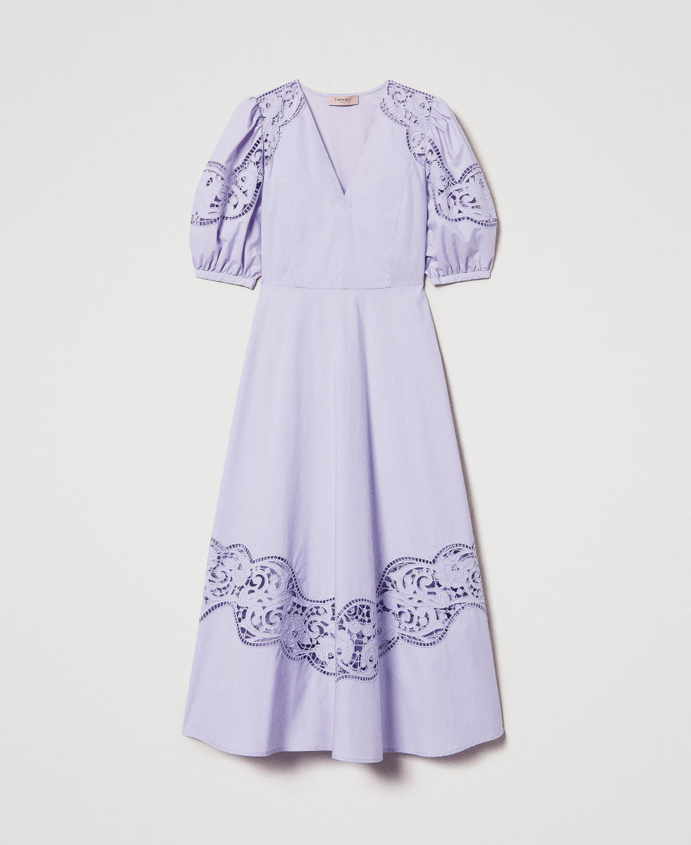 Long dress in broderie anglaise poplin Woman, Purple | TWINSET Milano