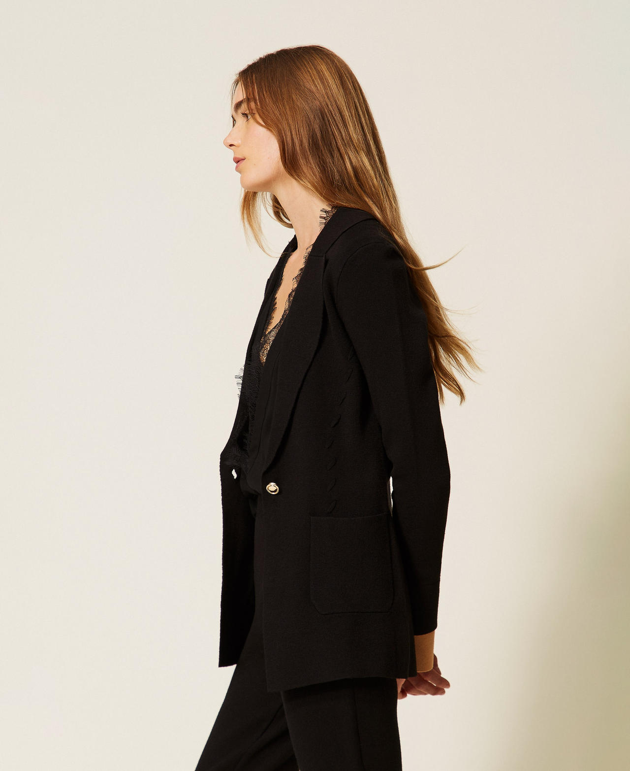 Actitude By Twinset Women's Two-Tone Black/"Iced Coffee" Brown Knit Jacket With Contrasting Details