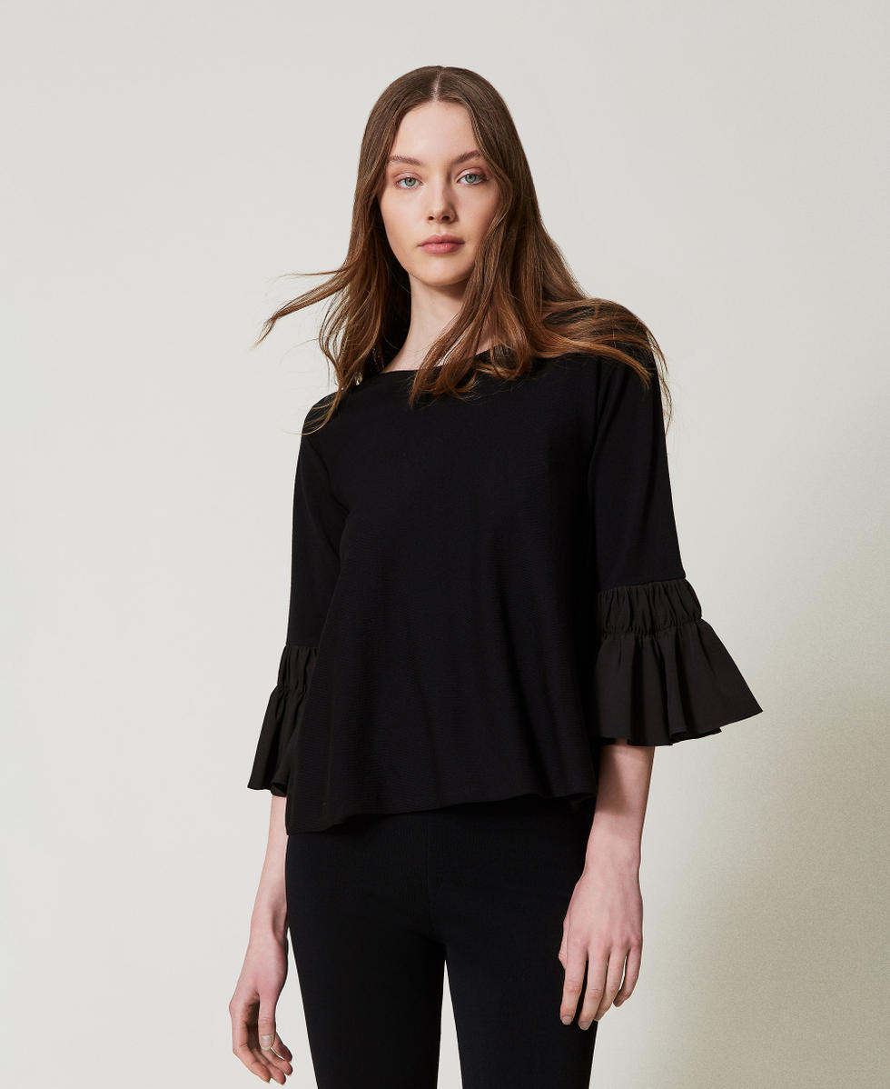 Jersey de algod&oacute;n mixto con volantes Negro Mujer 251LL3UAA_00006_01