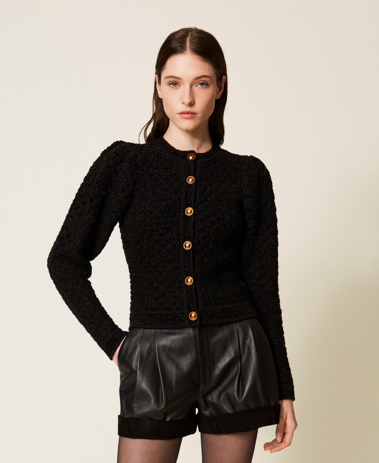 Two-tone jacquard knit jacket Black Woman 252TS3100_00006_01