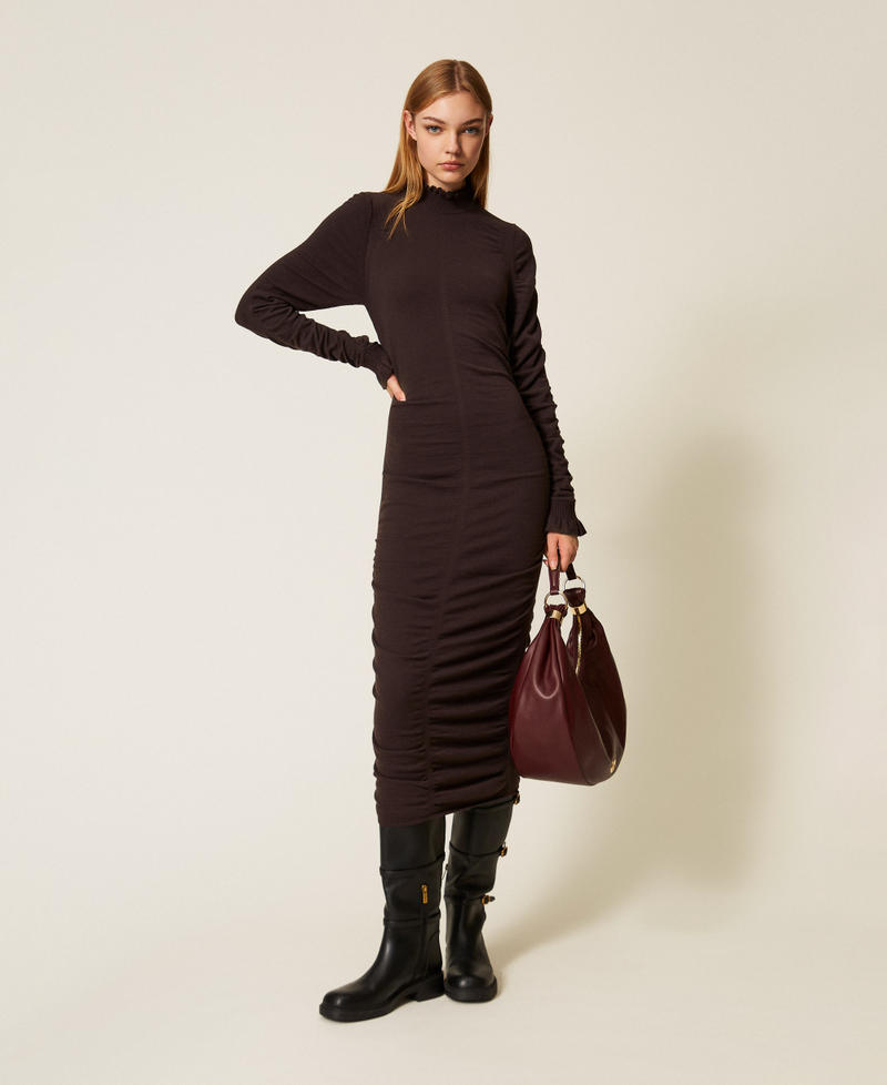 Long knit dress with gathering Black Chocolate Woman 252TT3152_11054_01