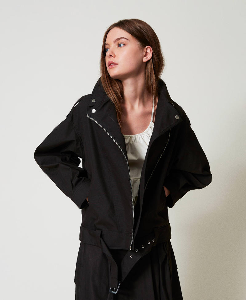 Oversized biker jacket with belt Black Woman 251AP2052_00006_01