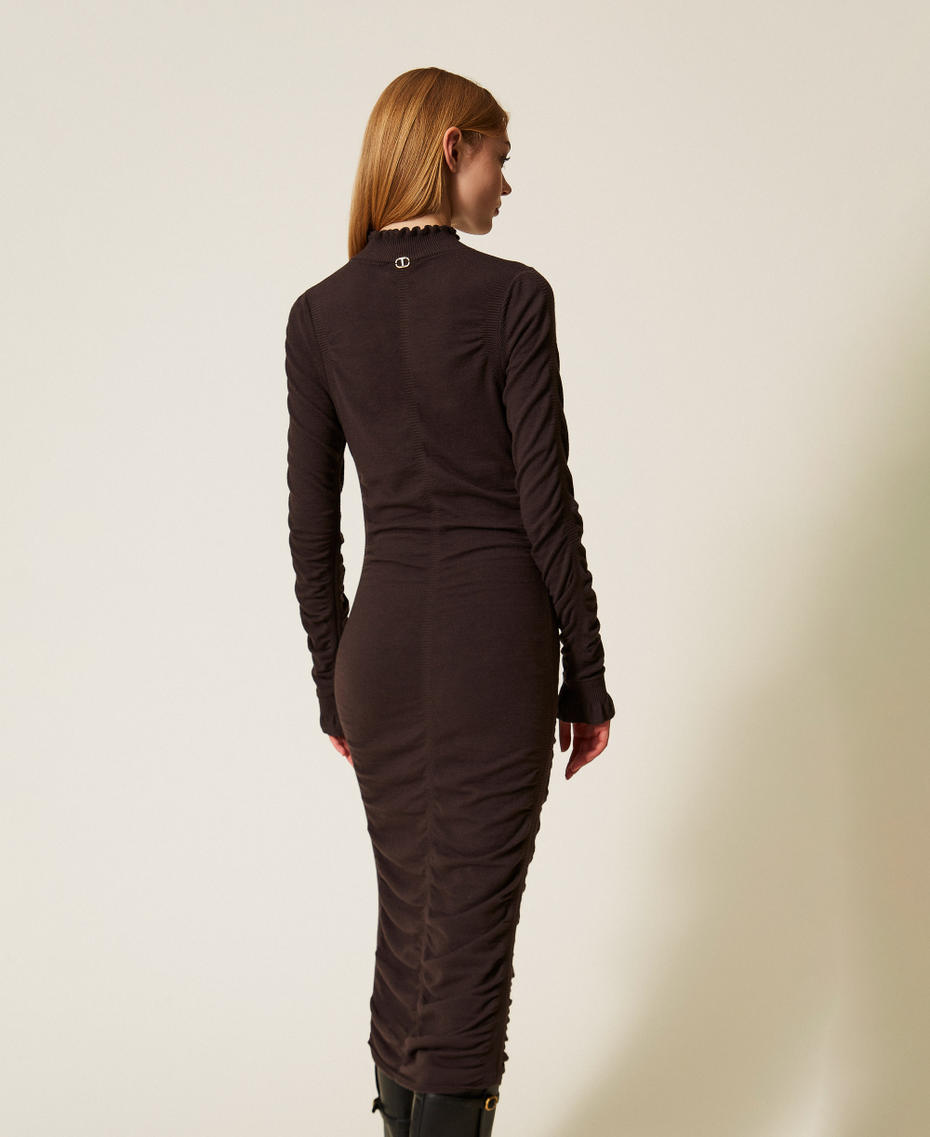 Long knit dress with gathering Black Chocolate Woman 252TT3152_11054_03