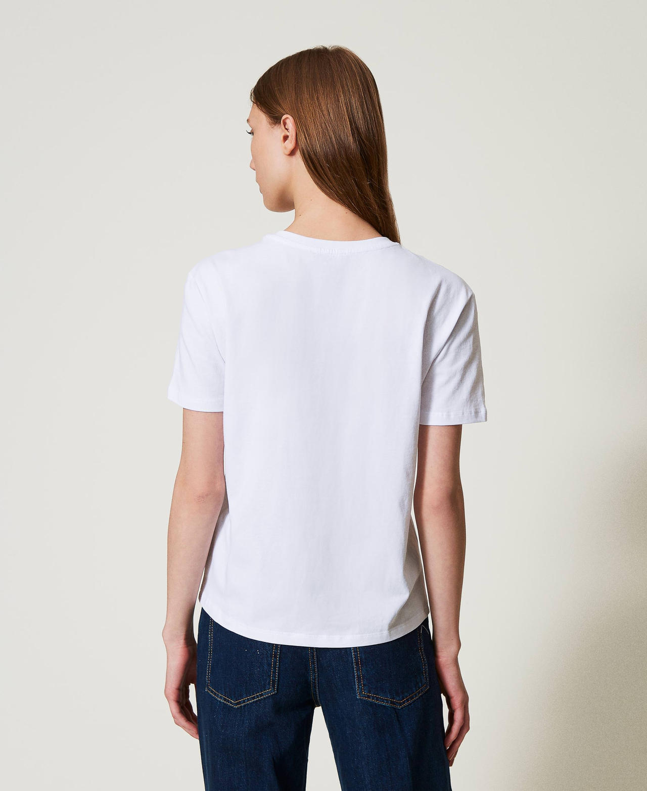 T-shirt with Oval Tplate with rhinestones White Woman 251TP2074_00001_03