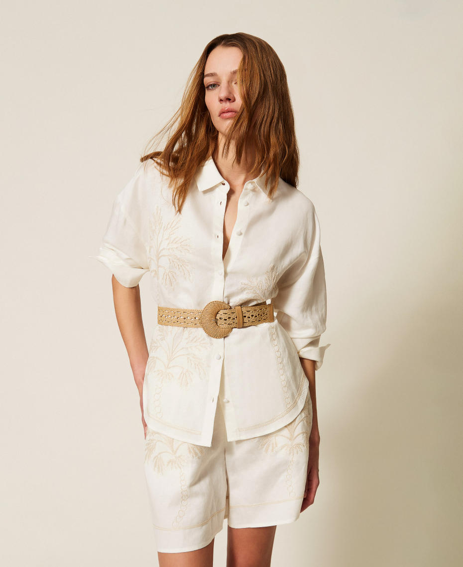Linen blend shirt with embroidery Two-tone Vanilla White/Fog Woman 261LM2MAA_13584_T0