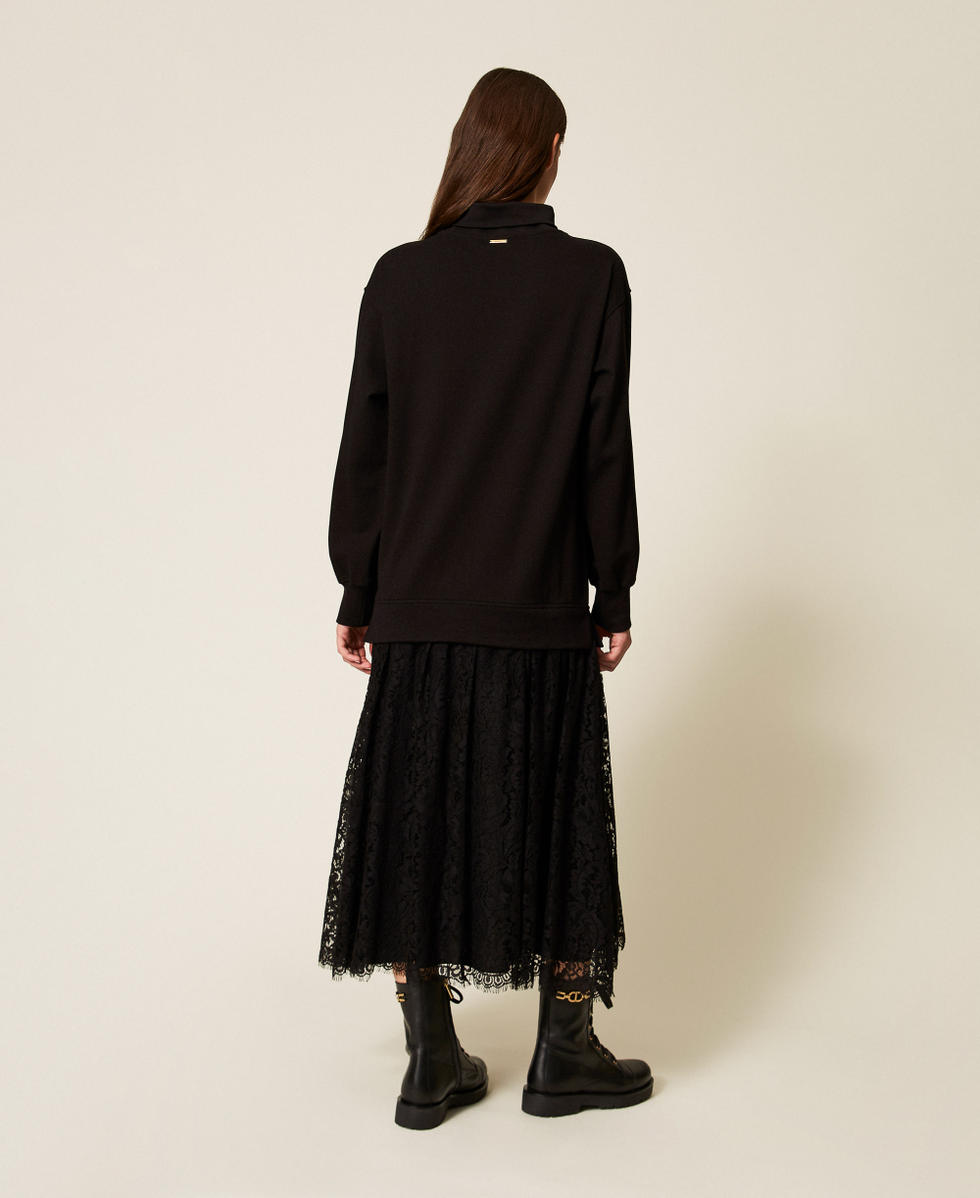 Midi-Kleid aus Sweatstoff und Spitze Schwarz Frau 252LL2JEE_00006_03