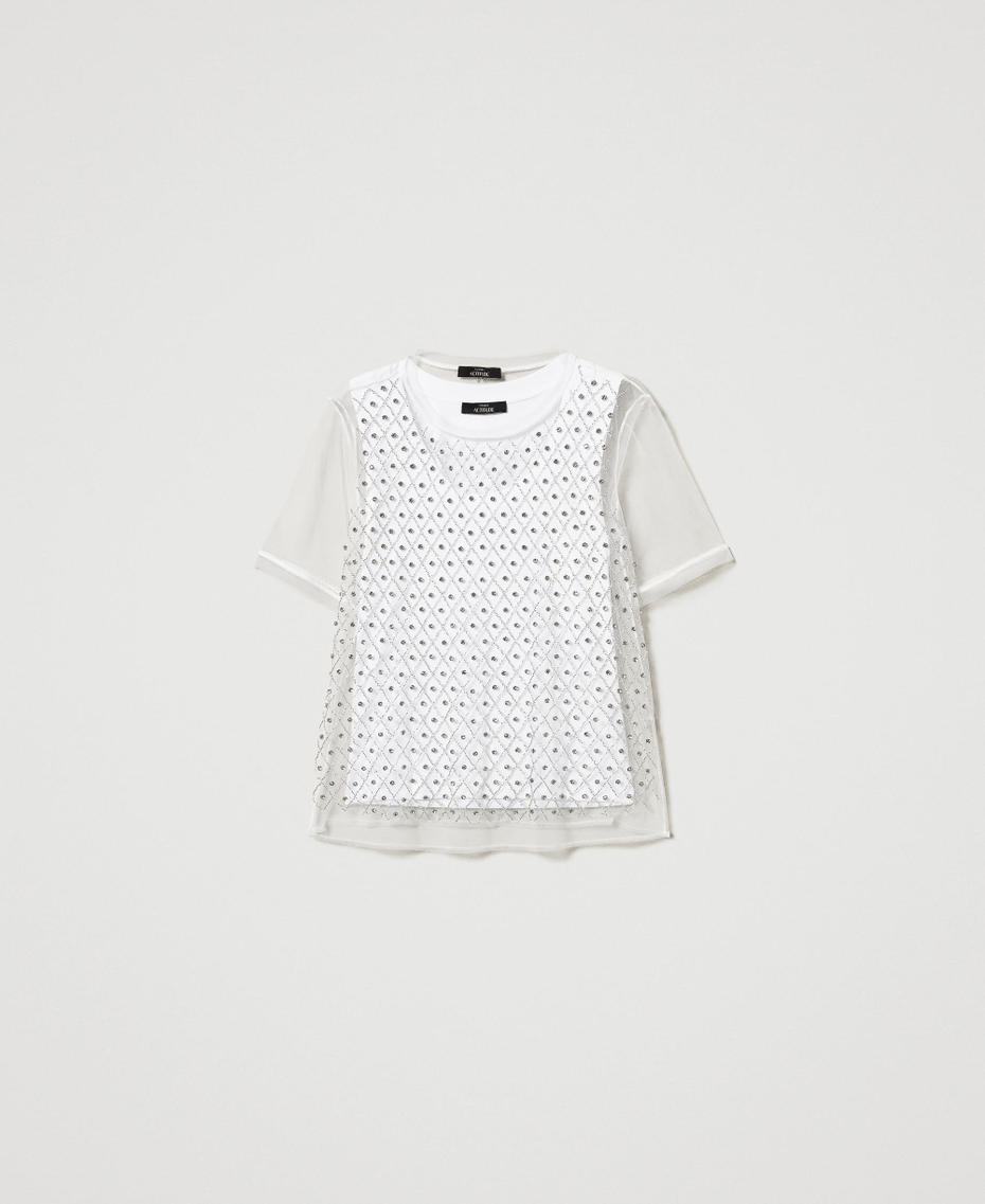 Embroidered tulle T-shirt with top "Papers" White Woman 251AP2120_00840_S0