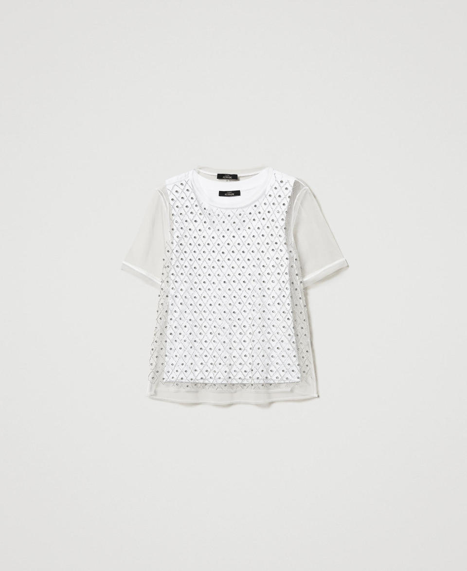 Embroidered tulle T-shirt with top "Papers" White Woman 251AP2120_00840_S0