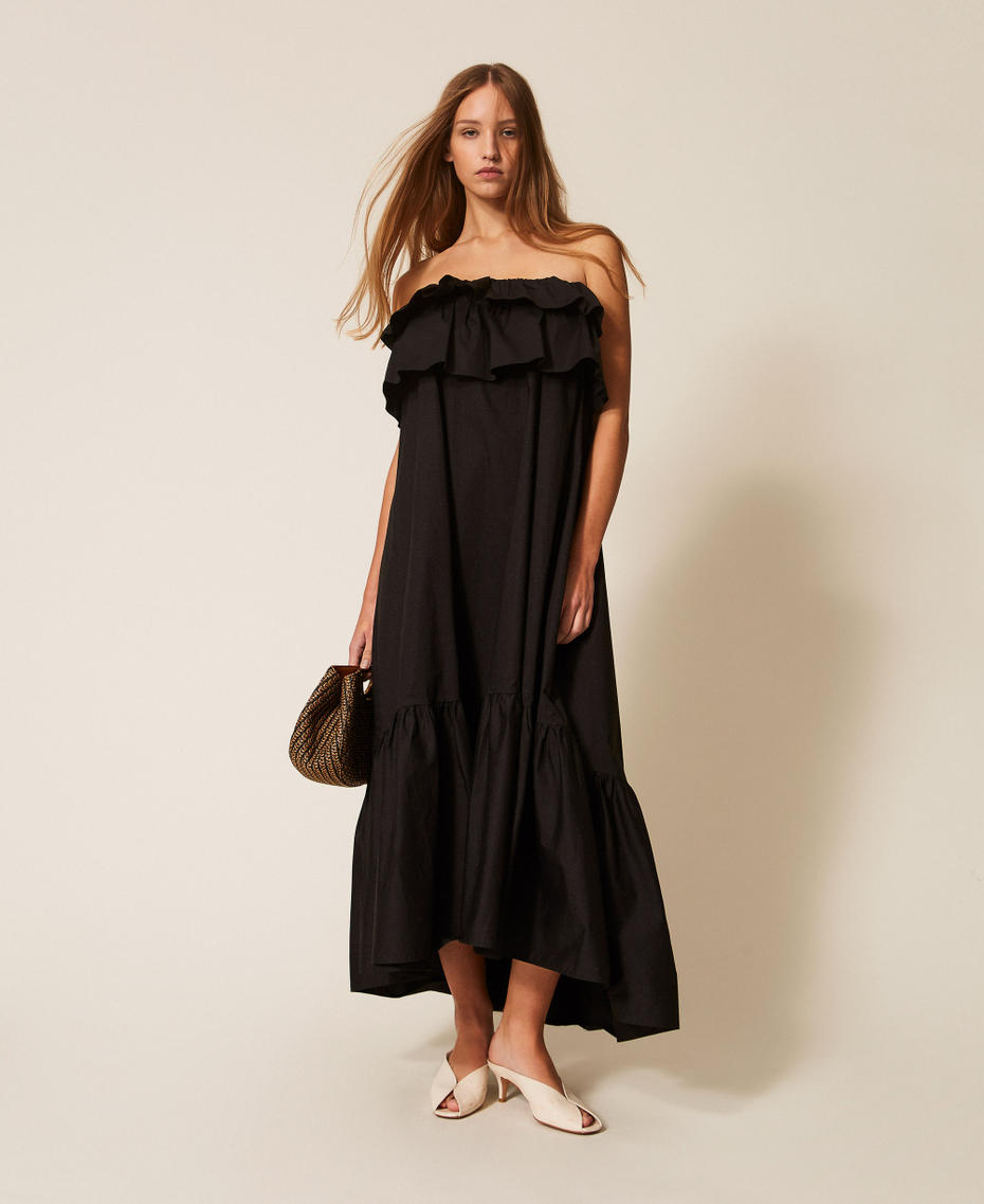 Off-shoulder long poplin dress Black Woman 261AP2133_00006_T0