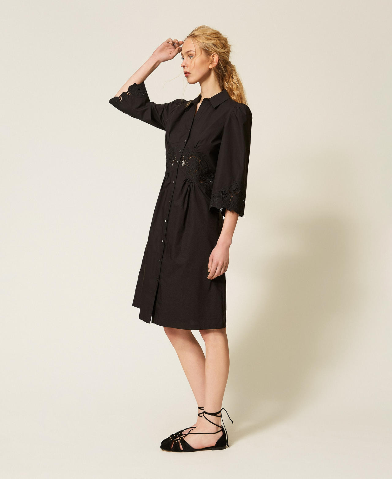 Midi poplin and broderie anglaise dress Black Woman 261TT2034_00006_02