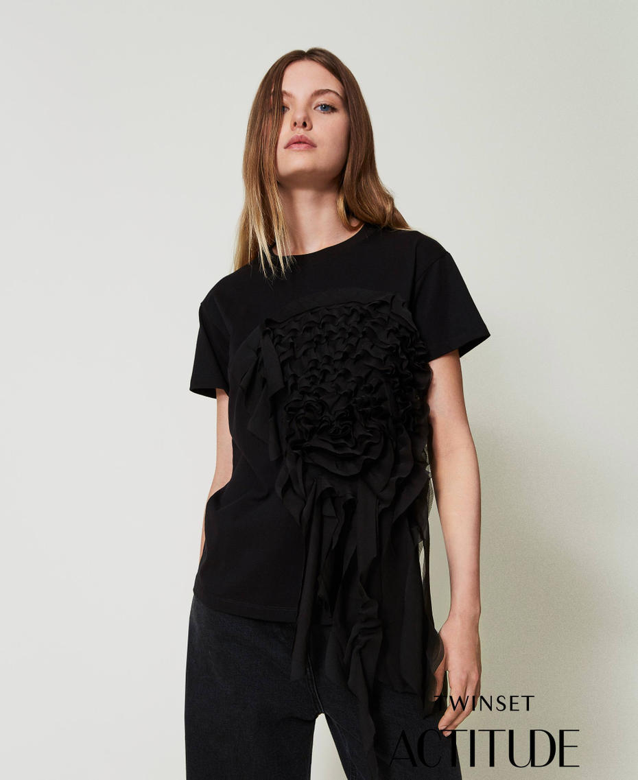 T-shirt with creponne ruffles Black Woman 242AT2121_00006_01