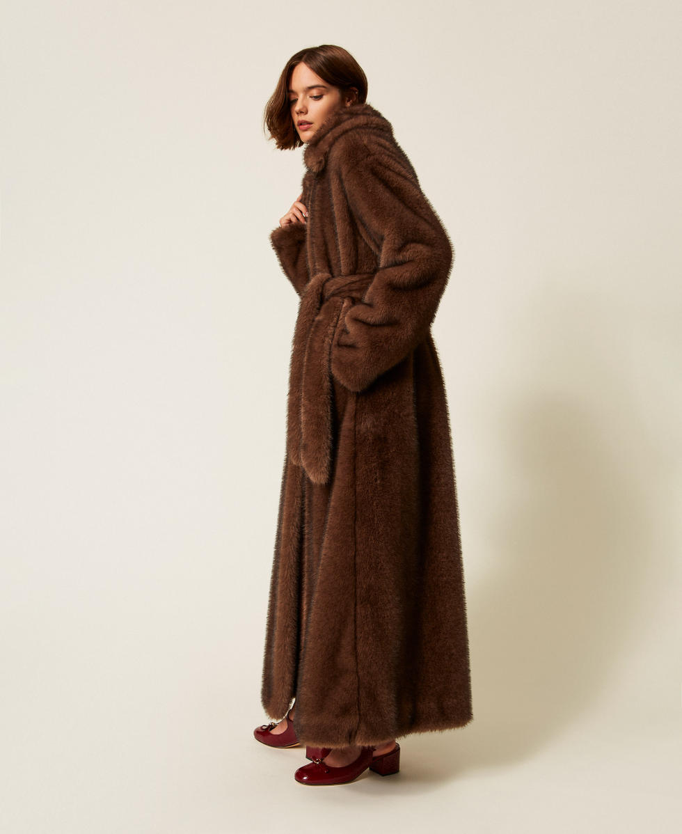 Long faux fur coat Woman, Brown | TWINSET Milano