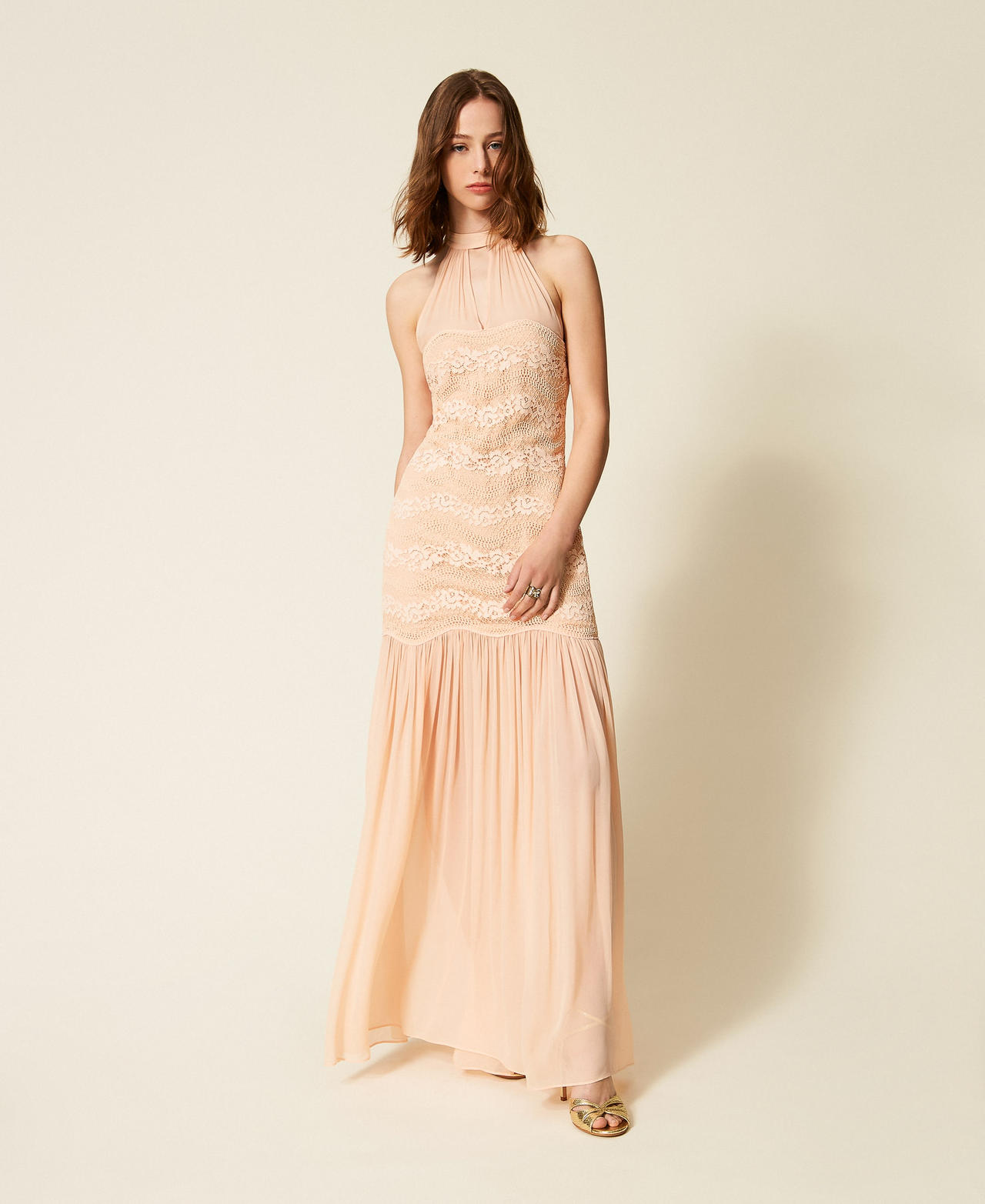 Long macram&eacute; lace and georgette dress Peach Pink Woman 261TP2780_11750_01