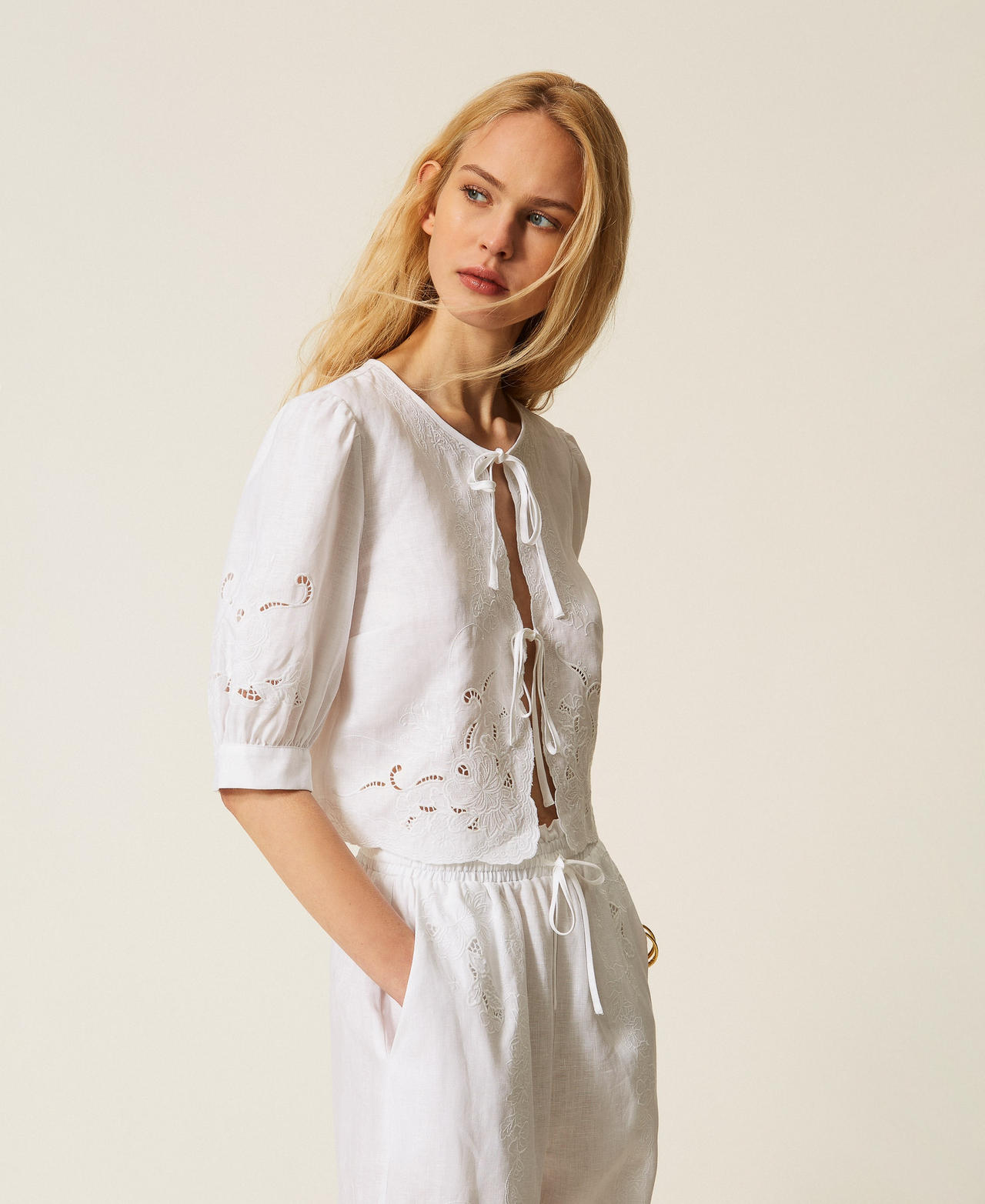 Camicia in lino e sangallo Bianco Donna 261TT2120_00001_02