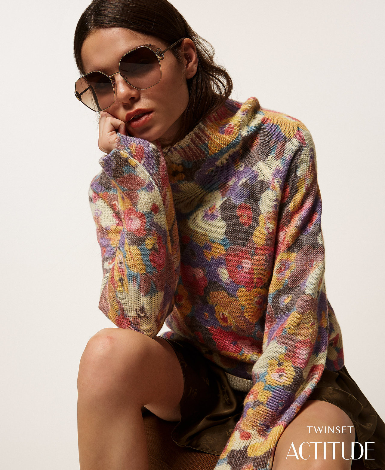 Pull col montant avec imprim&eacute; floral Fleurs Multicolore All-over Femme 252AT3171_12980_PA