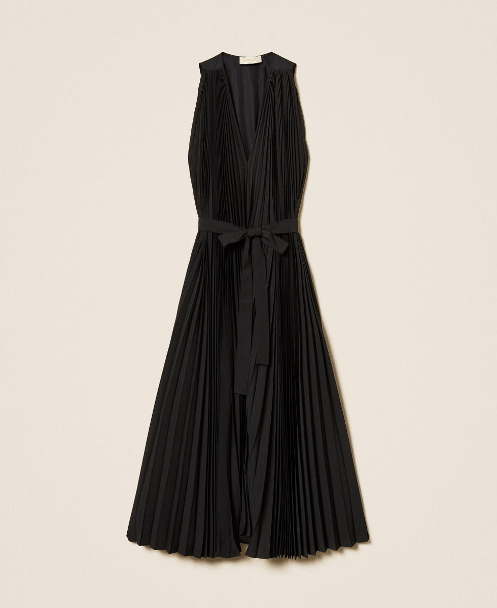 Robe longue en popeline et cr&ecirc;pe de Chine Noir Femme 261TE2030_00006_S0