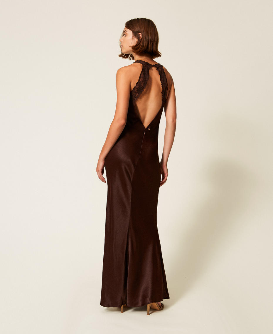 Long satin halter dress with embroidery Black Chocolate Woman 252TT2240_11054_03
